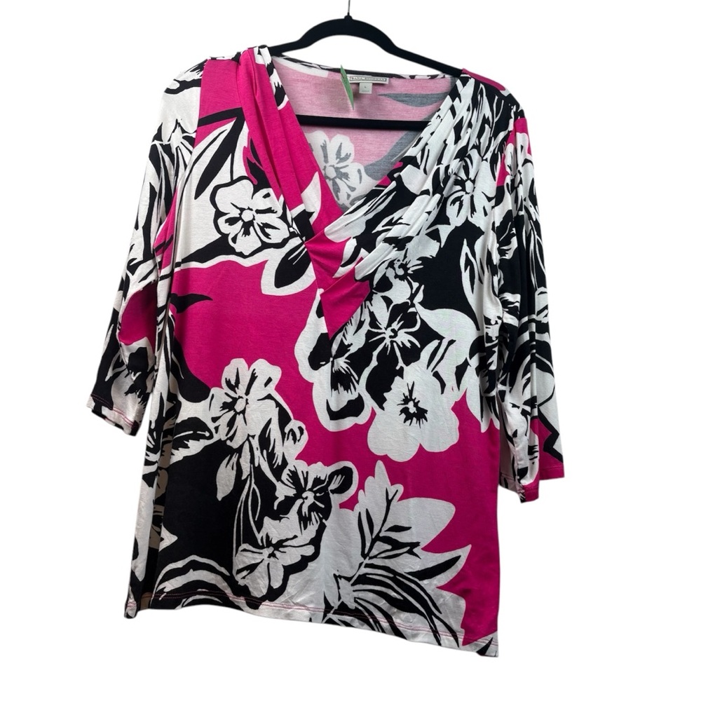 Dana Buchman - Vibrant floral Hot Pink White & Black top. V neck. Size L